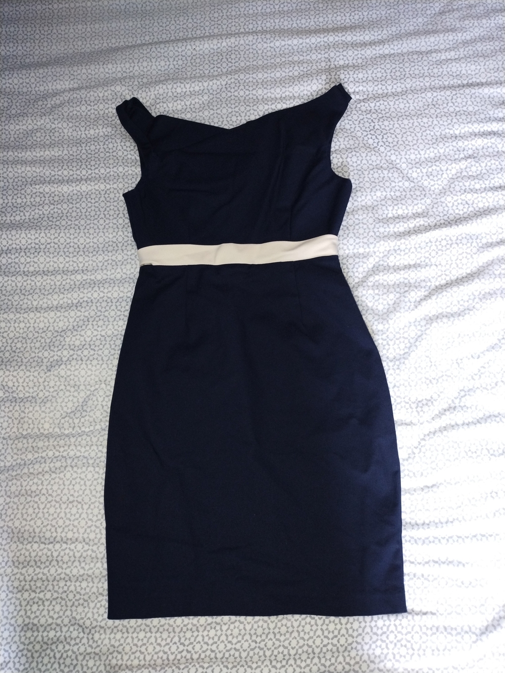 Ava & Aiden Navy One-Shoulder Sheath Dress with Cream Waistband